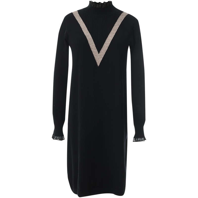 欧昵雪秋冬装欧根纱半高领针织裙女长袖宽松毛衣连衣裙