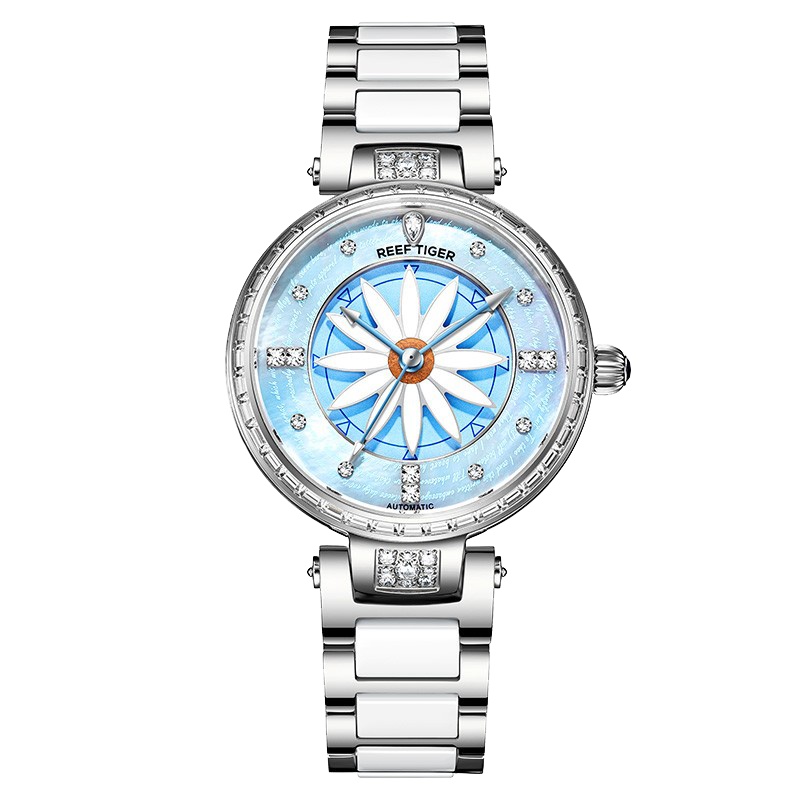瑞夫泰格REEF RIGER正品手表进口机芯全自动机械表女表防水时尚陶瓷腕表个性旋转表盘百合夜光表RGA1599
