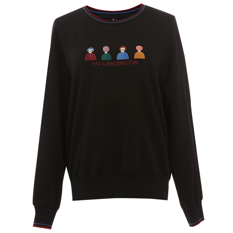 欧昵雪休闲圆领卡通字母绣花显瘦卫衣女长袖短款上衣