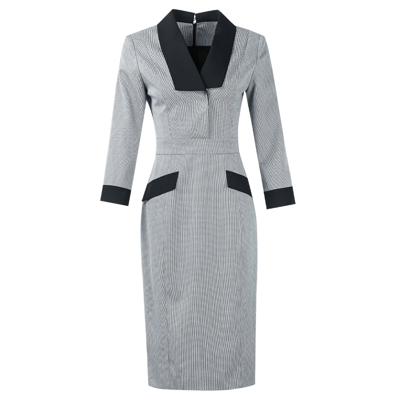 晚白 2020春季新品通勤格子V领显瘦中长款包臀裙修身职业连衣裙女