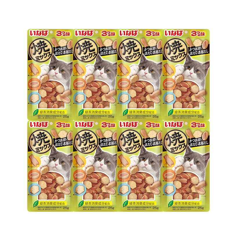 伊纳宝妙好猫零食烤海鲜小鱼饼干宠物猫咪磨牙零食冻干猫粮 鲣鱼节+扇贝+沙丁鱼味25g 8袋