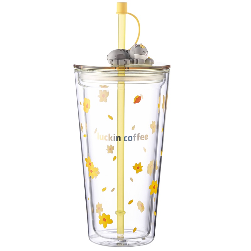 瑞幸咖啡(luckin coffee)花喵双层玻璃杯带吸管女可爱大容量隔热防烫水杯