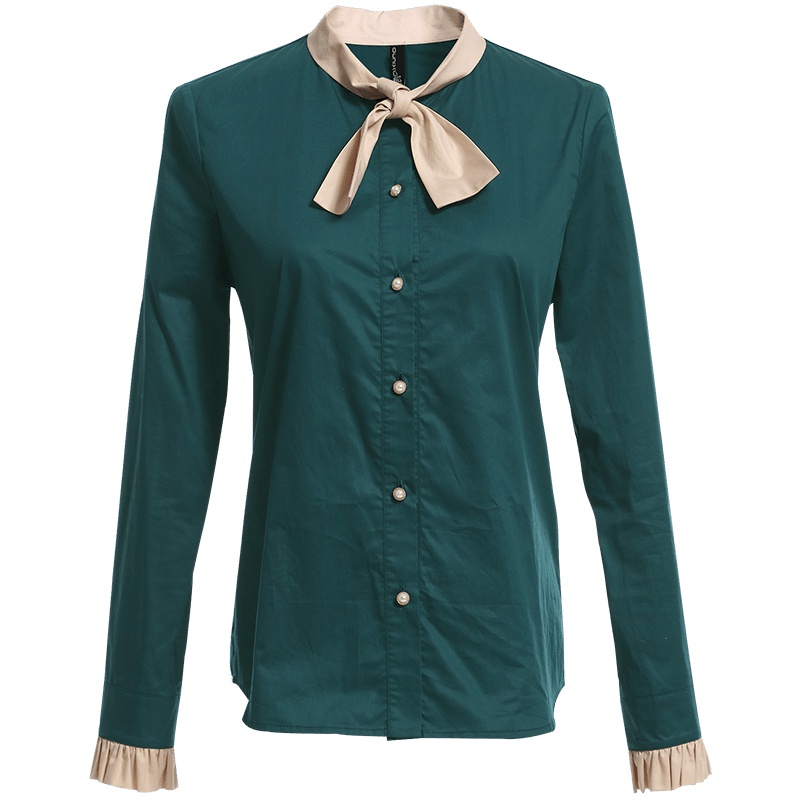 欧昵雪秋装立领蝴蝶结拼接木耳边纯棉长袖衬衫女直筒衬衣