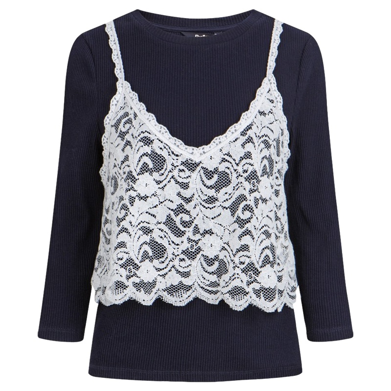 【福利款】拉夏贝尔秋季新款休闲吊带蕾丝圆领内搭T恤女两件套装