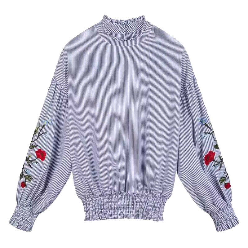 拉夏贝尔春季新显瘦花朵刺绣木耳边小立领蓝白条纹衬衫女10013879