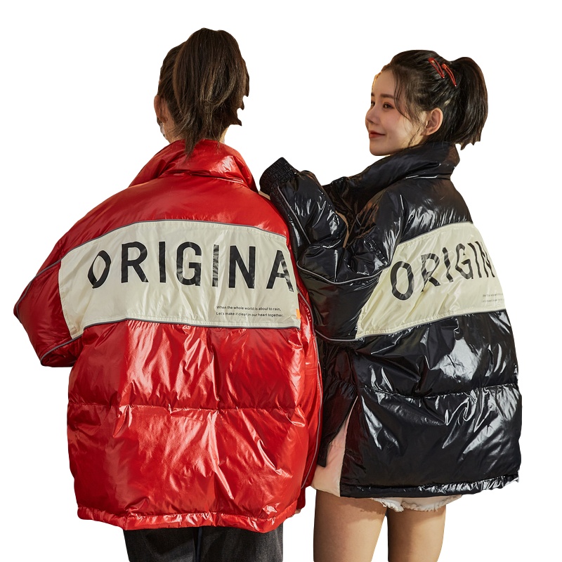 唐狮冬季新款亮面羽绒服女拼色字母印花羽绒厚外套in潮