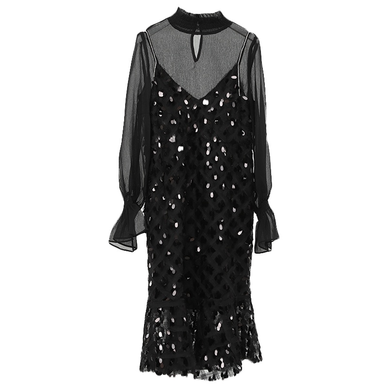 ENJOY'ME女装2020春季新品网纱打底仙气羽毛亮片吊带连衣裙