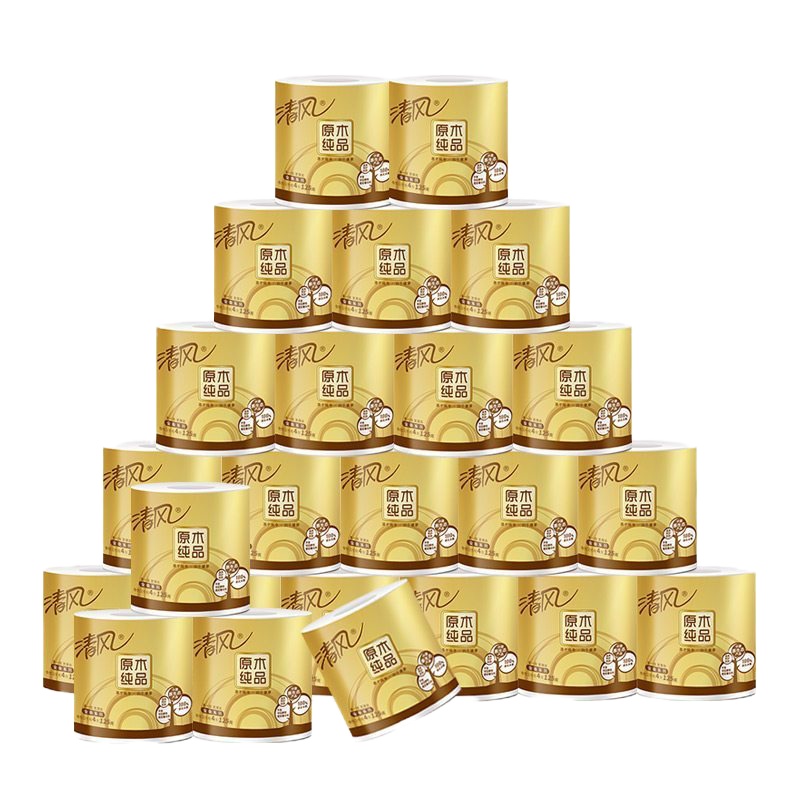 清风卷纸 原木纯品 金装4层16卷 有芯卷筒纸卫生纸巾餐巾纸家庭装生活家清专用擦手纸