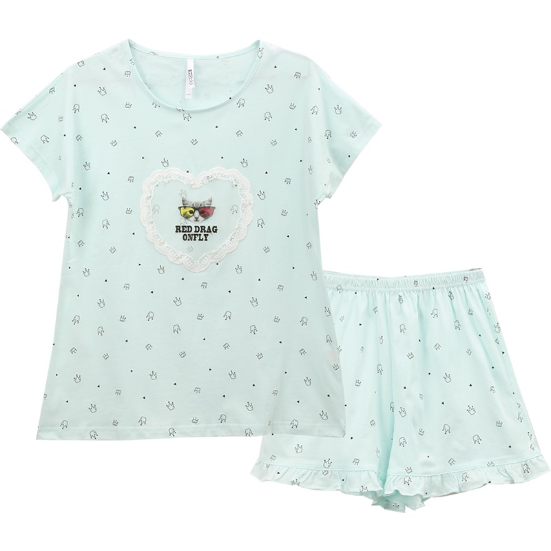 红豆居家Hodohome女式短袖少女心卡通睡衣夏季纯棉卡通家居服套装