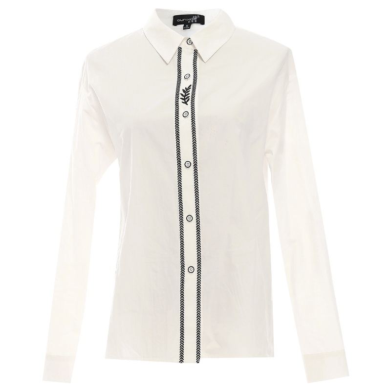 欧昵雪Polo领显瘦绣花衬衫上衣女长袖白色纯棉衬衣