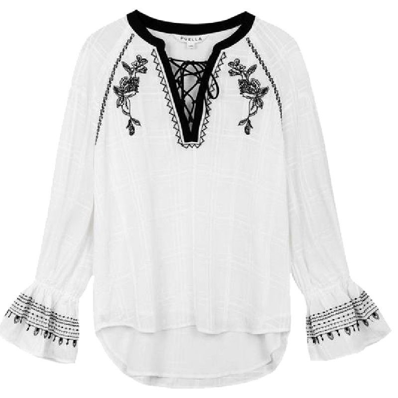 新款拉夏贝尔v领绑带衬衫女装新款民族风刺绣宽松喇叭袖衬衣20011640