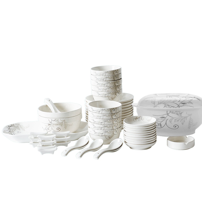 富昱景 碗碟套装 家用陶瓷餐具套装 景德镇陶瓷碗盘中式碗盘送礼65件火树银花