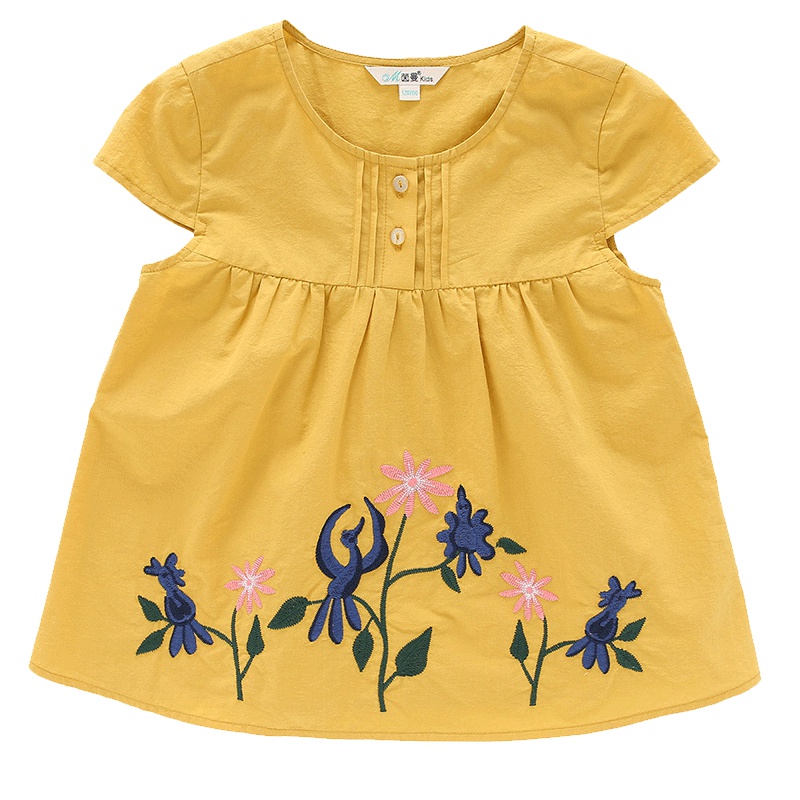 茵曼童装中大童女童夏装2019新款舒适短袖衬衣女宝宝宽松上衣