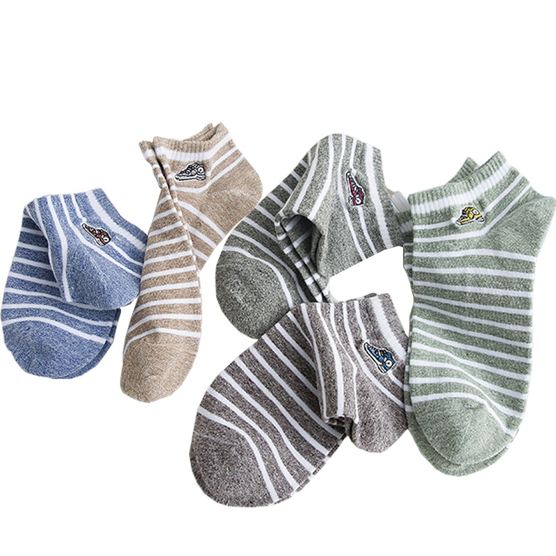 猫人精致并线刺绣细横条男船袜5双装