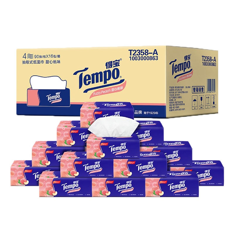 [桃桃纸上新]得宝(Tempo)4层抽取式面巾纸箱装16包×90抽(甜心桃味)纸巾纸品便携