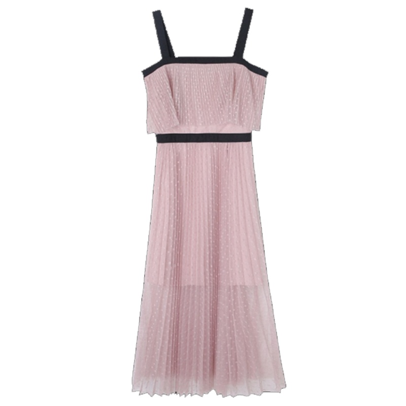 【专柜同款】拉夏贝尔旗下夏季新款甜美气质吊带高腰A字波点长款网纱连衣裙60007939