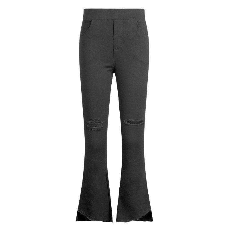 【专柜同款】7.Modifier夏季新款直筒百搭破洞显瘦九分微喇叭休闲裤70010526 黑色 S