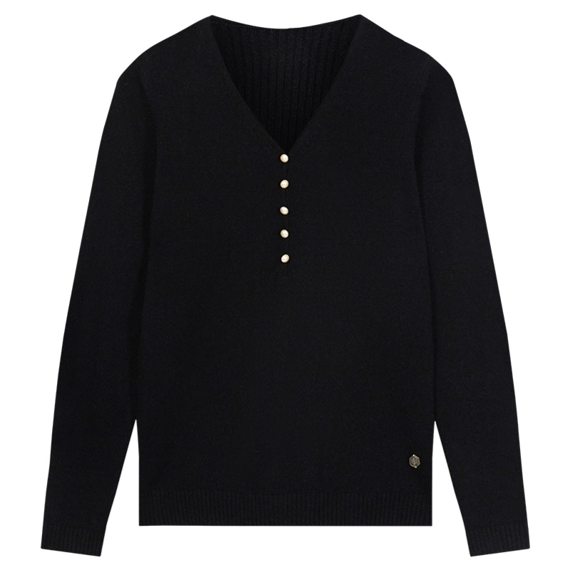 鄂尔多斯1980 秋冬V领纯色百搭珍珠扣装饰羊绒衫通勤简约