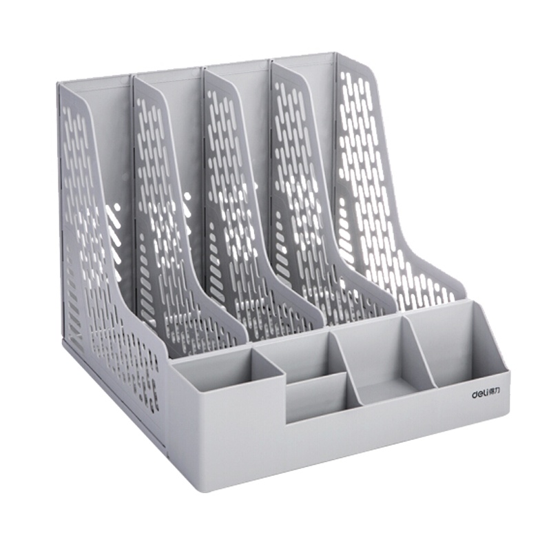 得力78981 四联带笔筒收纳桌面文件框 办公室桌面多层资料架子 多功能镂空文件架 灰色