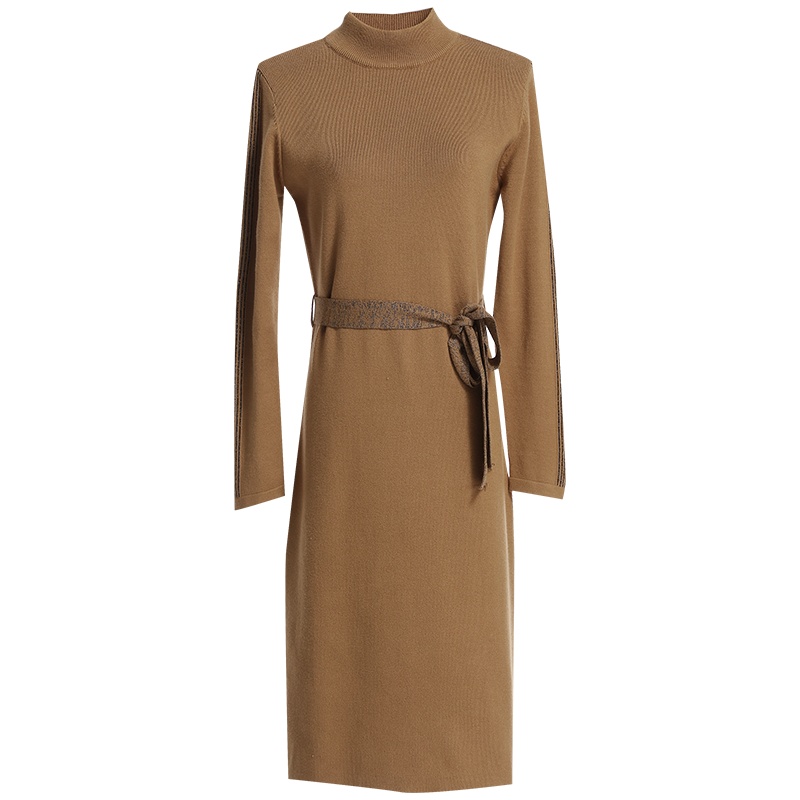 欧昵雪秋冬半高领系带收腰毛衣裙女中长款套头针织连衣裙