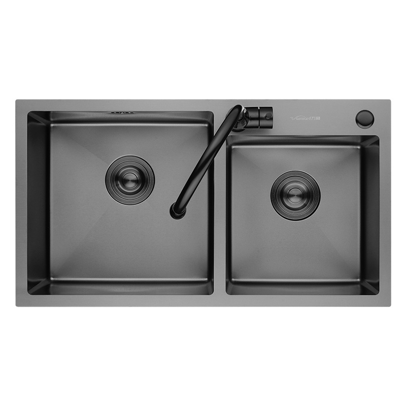 万和 黑色纳米水槽手工槽双槽不锈钢厨房水槽套装洗菜盆家用洗碗池