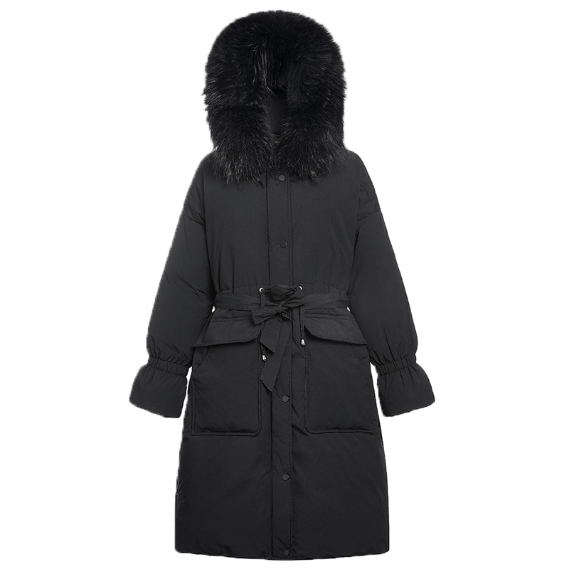 鸭鸭(yaya)羽绒服女中长款新款韩版潮冬加厚鸭绒大毛领时尚收腰