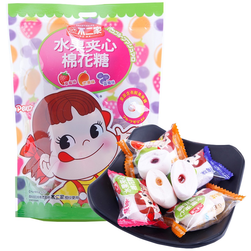 不二家PEKO水果味夹心棉花糖袋装82.8g单颗小包装儿童零食(草莓+芒果+蓝莓)