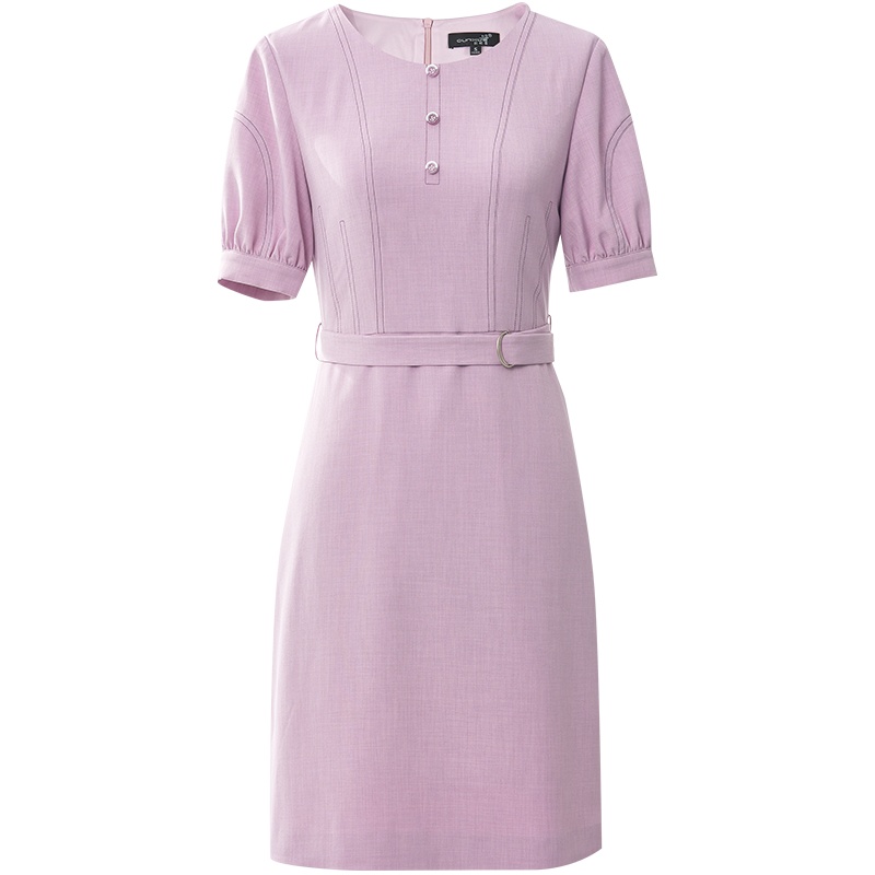 欧昵雪夏季气质简约圆领短袖连衣裙女收腰显瘦a字短裙子