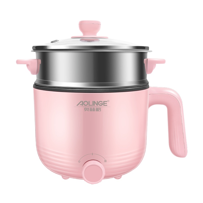奥林格ZG-306 学生宿舍电 煮锅家用煮面小电锅1-2人小功率寝室电火锅煎炒一体锅1.2L小锅粉色不粘带蒸笼