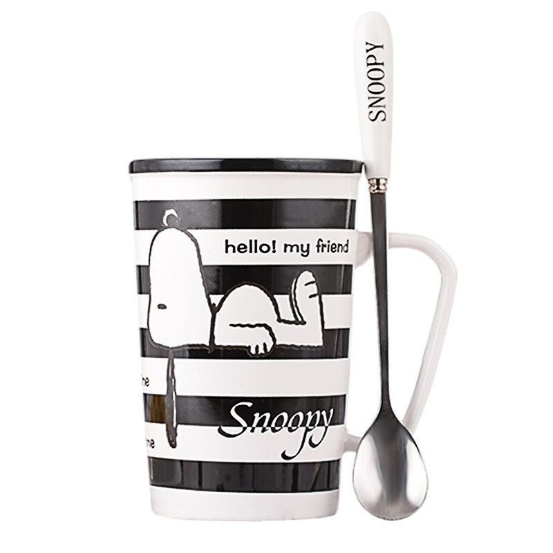 史努比(SNOOPY)陶瓷水杯可爱简约马克杯带盖勺男女创意个性潮流咖啡喝水杯子 5030白