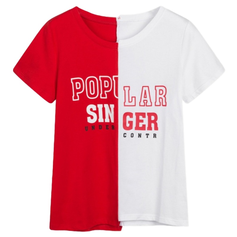 拉夏贝尔夏款个性潮撞色拼接短袖T恤字母印花上衣打底衫 大红 S