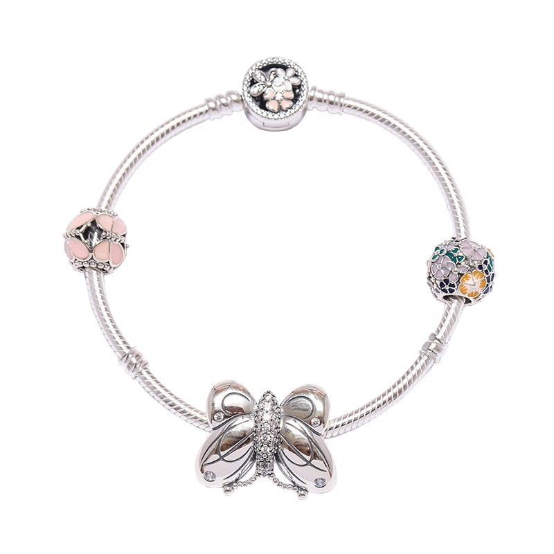PANDORA潘多拉 粉色蝶群 银蝶飞舞925银串饰 手环手链