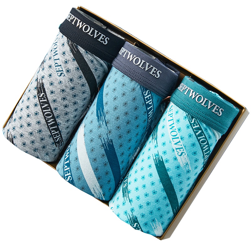 七匹狼 【抑菌】3条装兰精粘纤印花中腰平角男士内裤