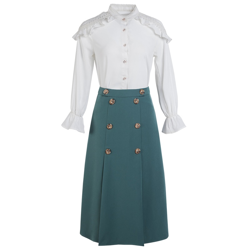 晩白 新品套装裙淑女风衬衫上衣纯色高腰半身裙礼服套装女