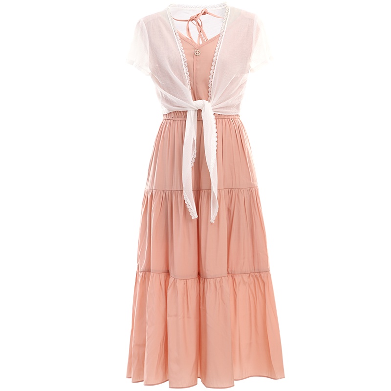 欧昵雪夏季防晒雪纺开衫上衣女收腰显瘦连衣裙两件套装