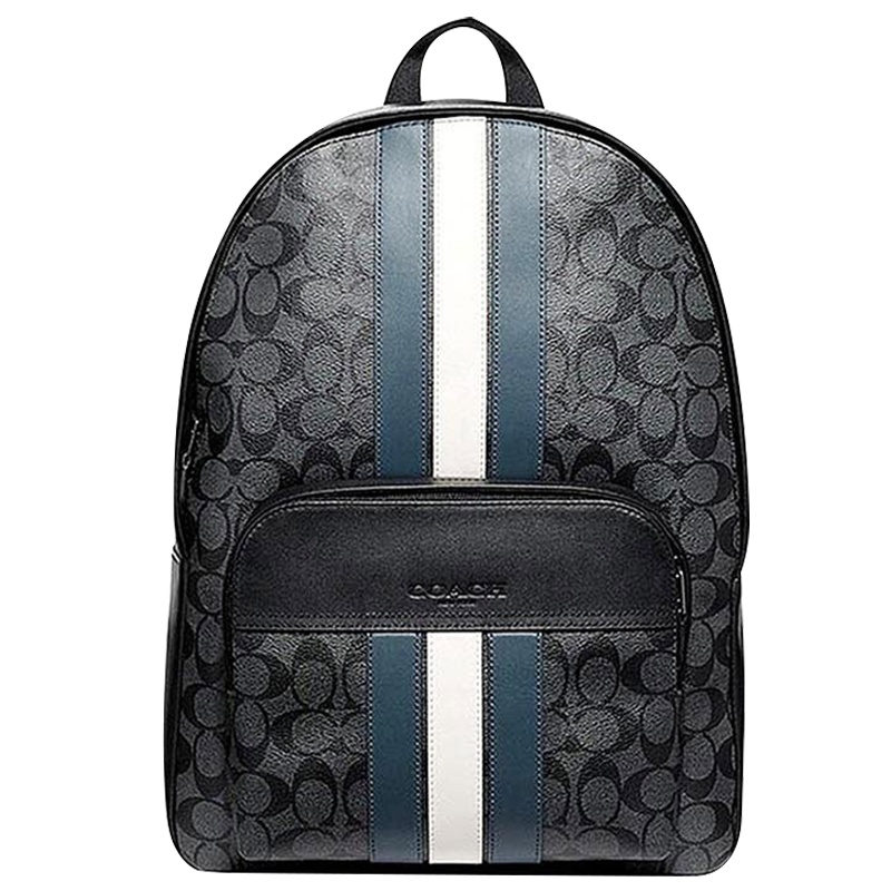 海外直邮 原装进口 COACH蔻驰 竖条纹时尚男士PVC配皮条纹双肩包 书包 旅行包