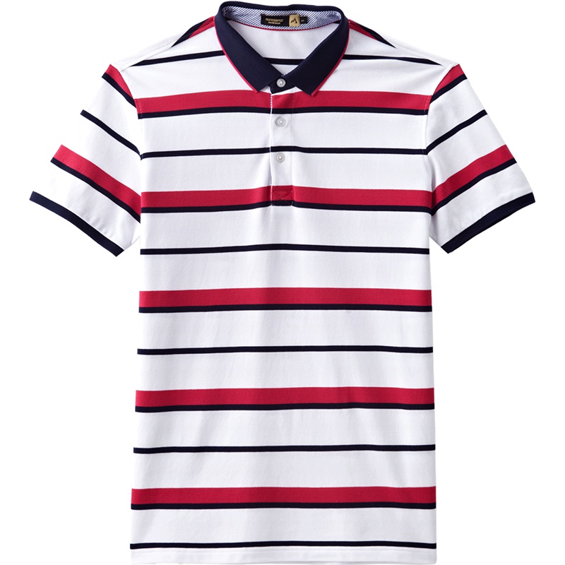 蒙蒂埃莫长绒棉航海探索清新彩条撞色扁机翻领T恤