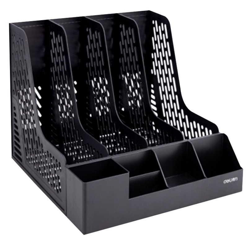 得力 78981 4联带笔筒收纳桌面文件框 办公室桌面多层资料架子 多功能镂空文件架 黑色