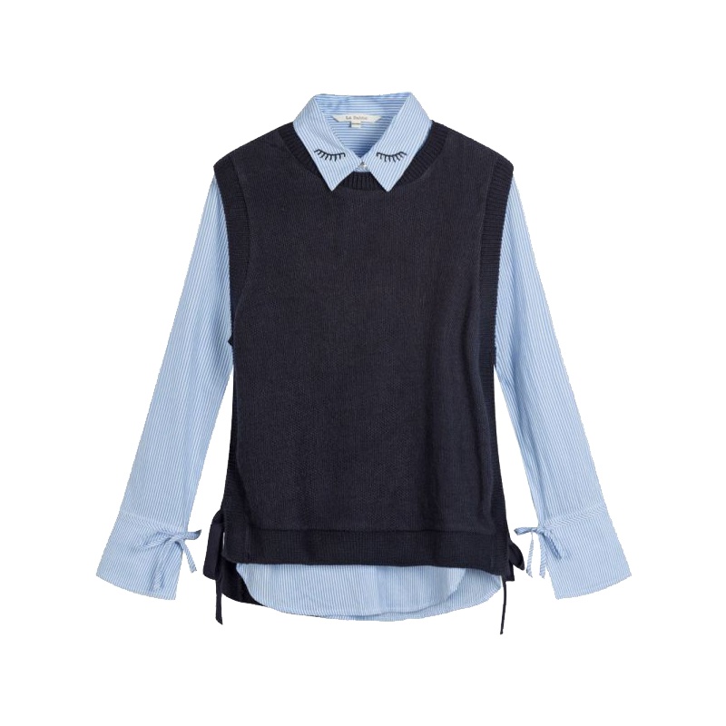 拉贝缇春季两件套女新款衬衫套装时尚休闲女韩版圆领针织背心马甲60300227