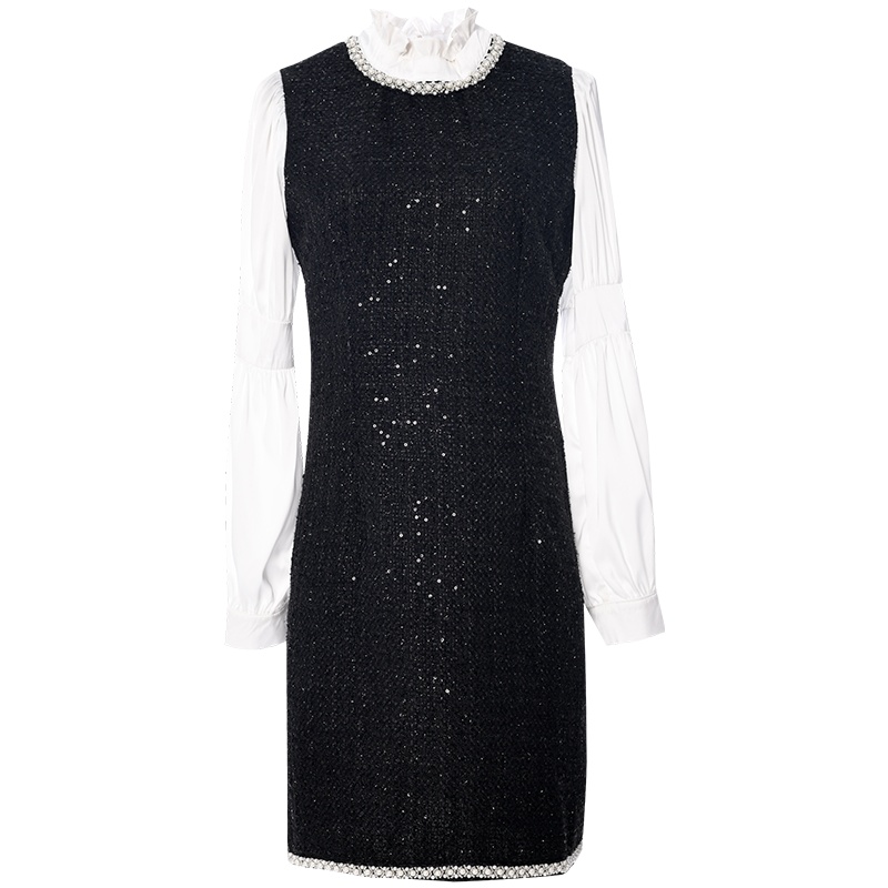 欧昵雪立领拼接长袖粗花呢收腰连衣裙女假两件包臀裙