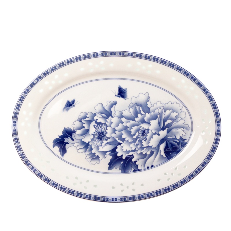 LICHEN 景德镇陶瓷大鱼盘青花玲珑瓷器釉中彩中式菜盘牡丹花餐具12英寸 优品