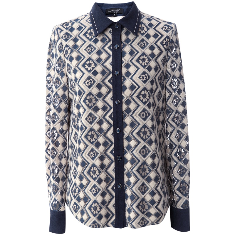 OUNIXUE欧昵雪 | [OL气质菱格蕾丝衫]绣花翻领拼接长袖套头直筒衬衫女