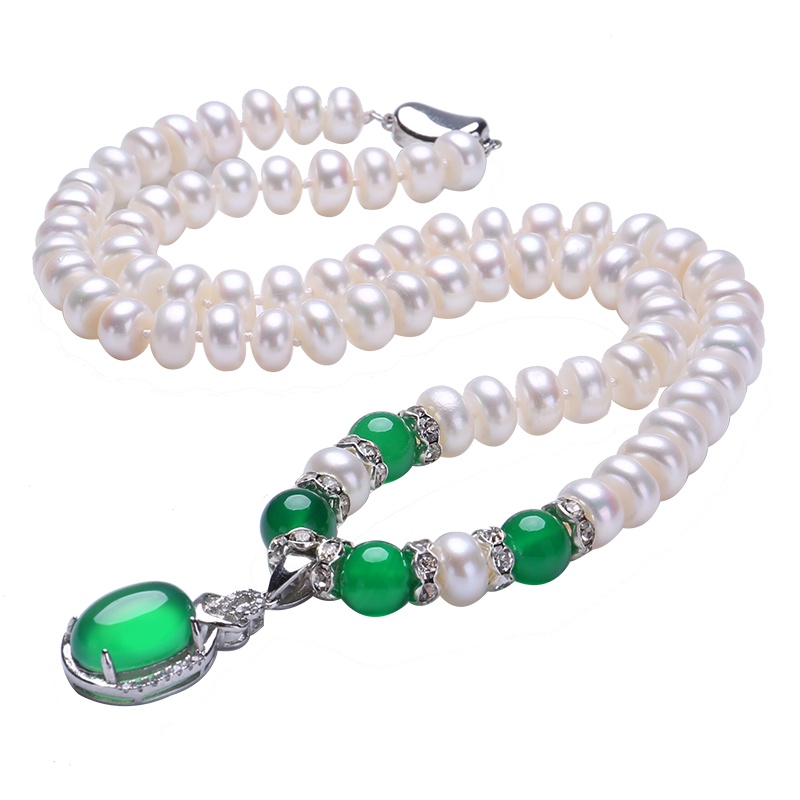 月印百川 绿玉髓淡水珍珠项链 女款馒头珠镶嵌玉髓颈饰品 附送证书