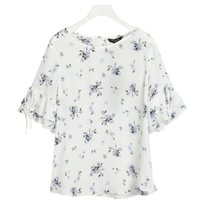 【专柜同款】拉夏贝尔夏女女雪纺衫宽松遮肚子上衣荷叶袖女士洋气小衫时尚碎花10017702