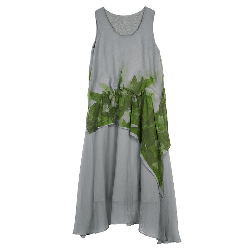 sdeer圣迪奥秋装轻盈雪纺搭片绿意印花无袖背心连衣裙