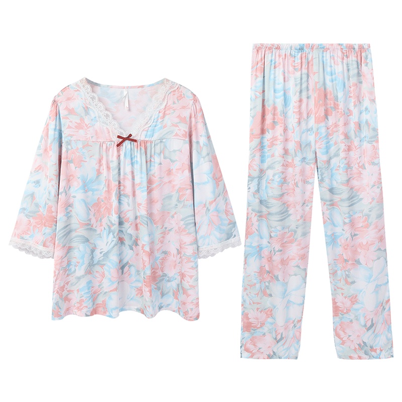 安之伴睡衣女仿冰丝套头套装冰感丝印花长袖可外穿女士套装