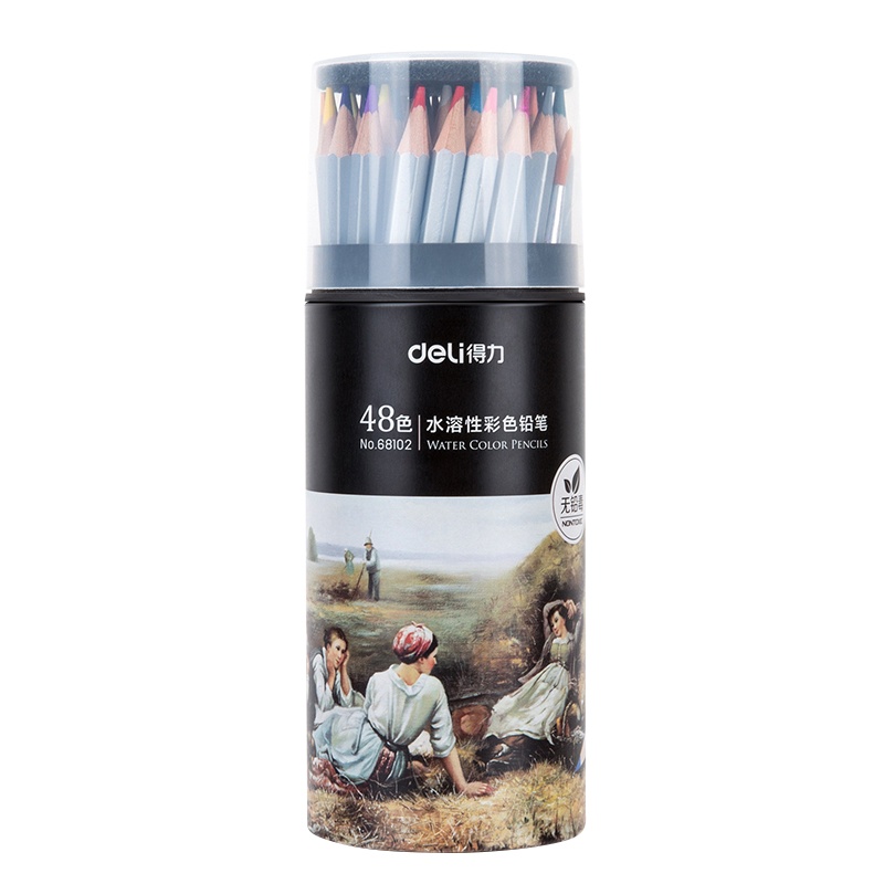 得力彩色铅笔68102 铁桶装水溶性彩铅画笔彩笔专业画画套装手绘48色绘画绘图填色铅笔学生成人彩绘