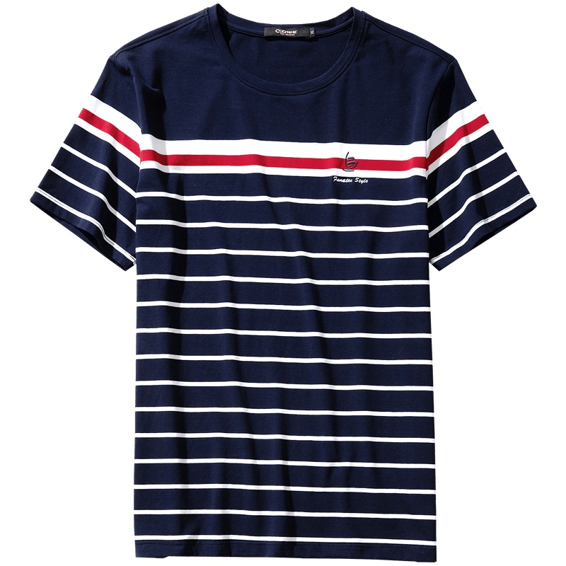 千纸鹤青年短袖T恤男潮 2019春夏男士条纹圆领刺绣上衣20038