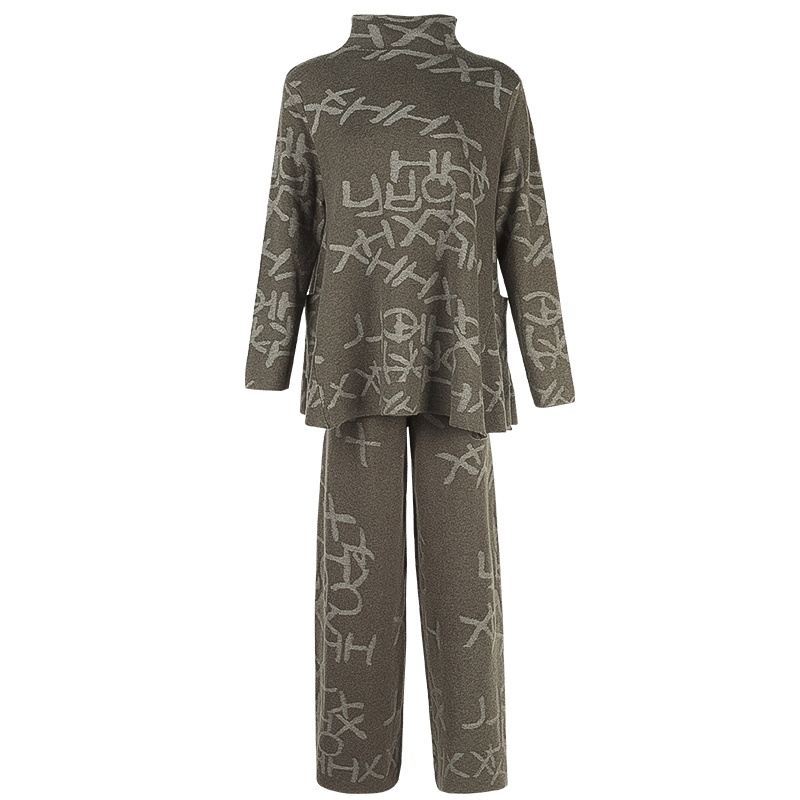 晚白2020秋冬新品两件套时尚毛衫休闲阔腿裤长裤印花针织套装女