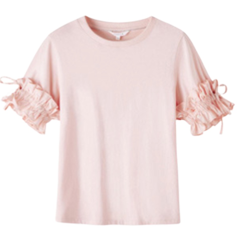 【专柜同款】拉夏贝尔夏新款韩版款圆领木耳边纯色短袖上衣女T恤20014179